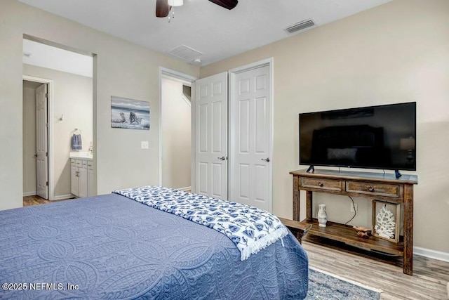 6743 Summit Vista Ct, Jacksonville, FL 32259 - bedroom with a ceiling fan, visible vents, baseboards, and wood finished floors