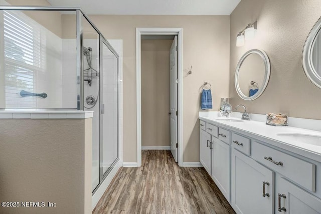 6743 Summit Vista Ct, Jacksonville, FL 32259 - full bathroom with double vanity, a shower stall, a sink, and wood finished floors