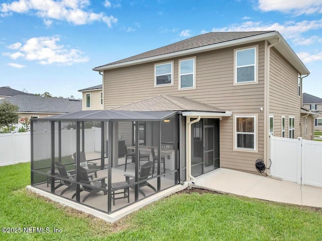 6743 Summit Vista Ct, Jacksonville, FL 32259 - back of property featuring a patio, a lawn, a fenced backyard, and a sunroom