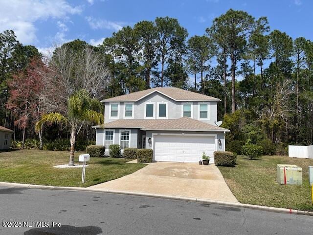 traditional-style home with stucco siding, an attached garage, concrete driveway, and a front lawn