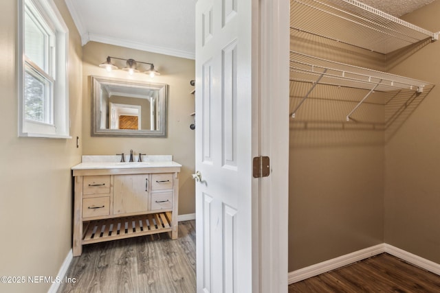 bathroom featuring ornamental molding, wood finished floors, vanity, and baseboards