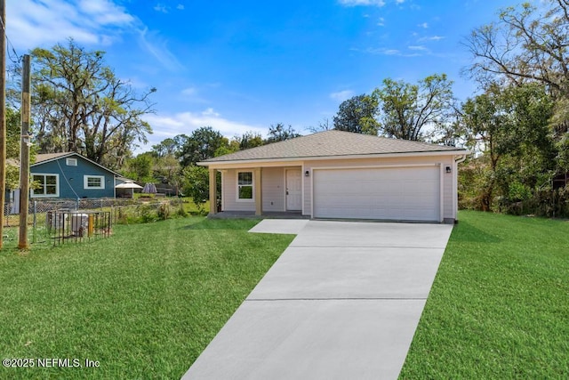 ranch-style home featuring a front lawn, concrete driveway, fence, and roof with shingles