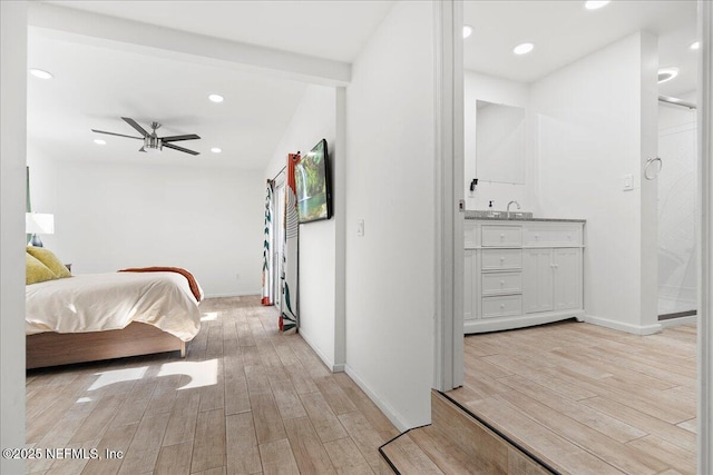 bedroom featuring recessed lighting, baseboards, and light wood finished floors