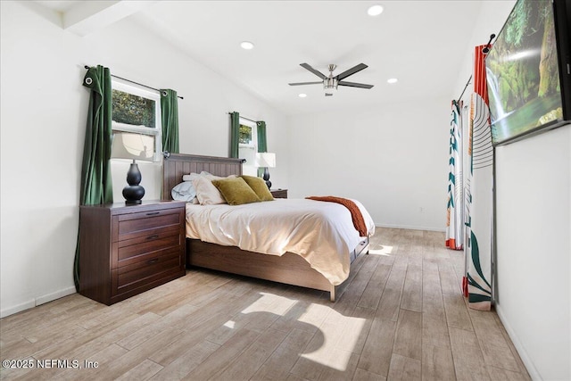 bedroom featuring recessed lighting, light wood-type flooring, baseboards, and vaulted ceiling