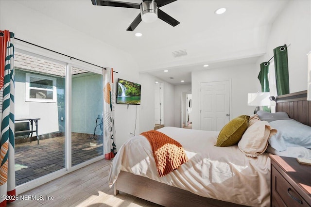 bedroom with a ceiling fan, recessed lighting, visible vents, and light wood finished floors