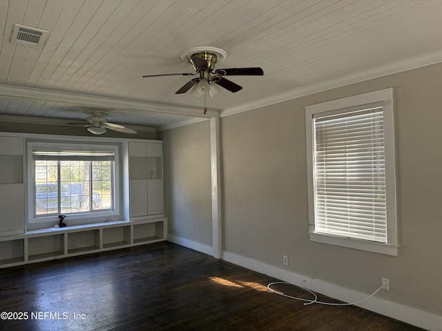 spare room with baseboards, visible vents, dark wood-style floors, wood ceiling, and ornamental molding