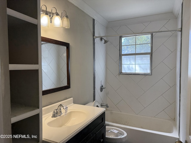 bathroom featuring toilet, shower / washtub combination, and vanity