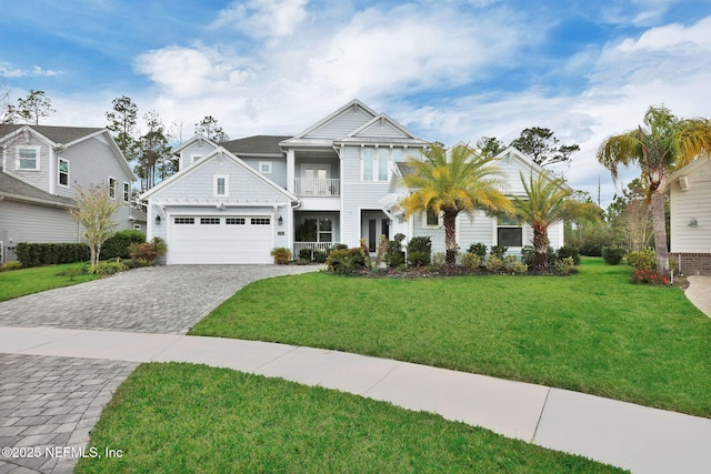 view of front of home featuring a front lawn, decorative driveway, an attached garage, and a balcony