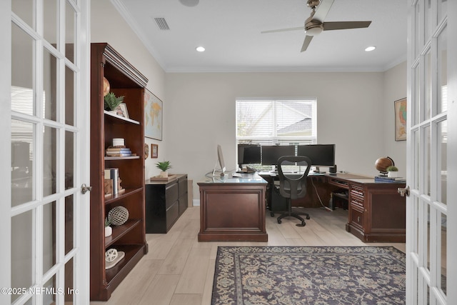 office area featuring wood finish floors, a ceiling fan, visible vents, french doors, and crown molding