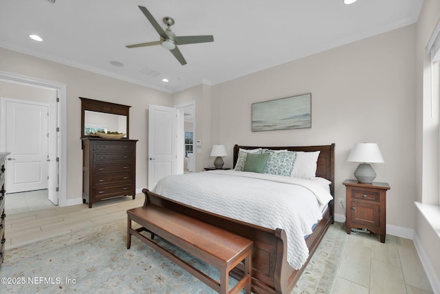 bedroom featuring ornamental molding, recessed lighting, ceiling fan, and baseboards