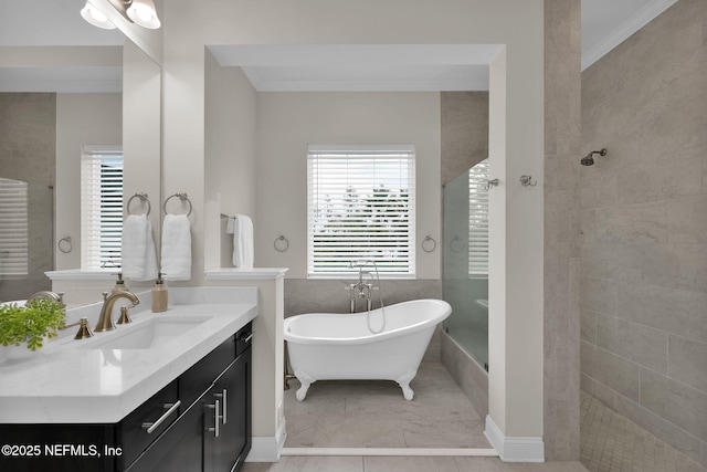 full bathroom featuring ornamental molding, a soaking tub, vanity, and a walk in shower