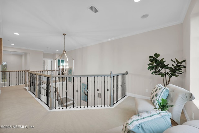 corridor with recessed lighting, carpet flooring, visible vents, and crown molding