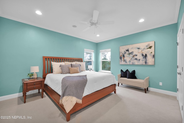 carpeted bedroom with recessed lighting, crown molding, baseboards, and ceiling fan