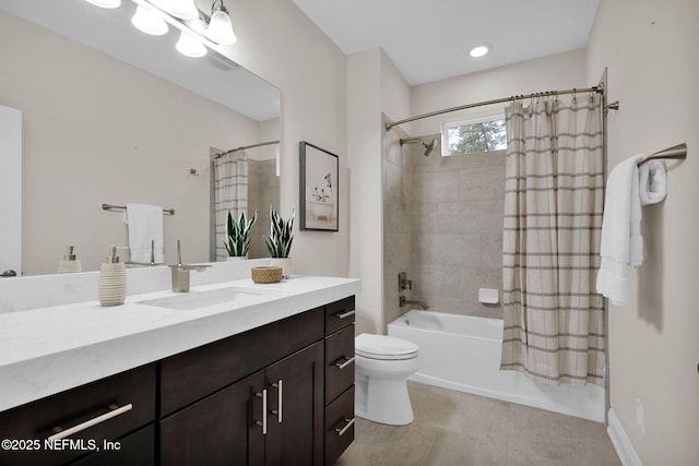 full bath with toilet, shower / tub combo, tile patterned flooring, and vanity