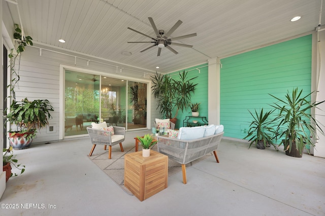 view of patio / terrace featuring ceiling fan and an outdoor hangout area