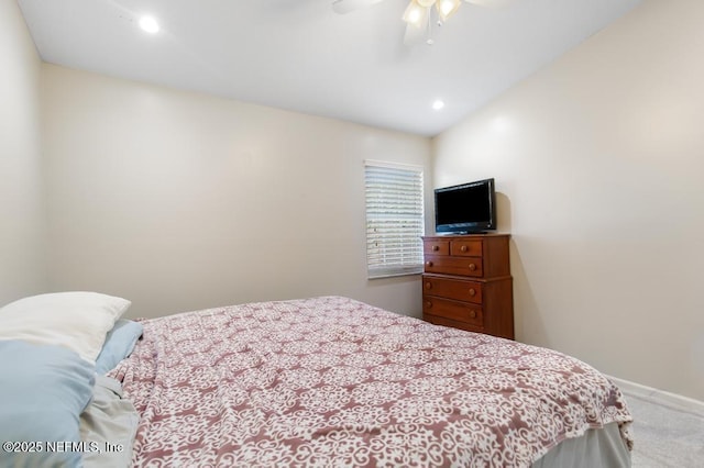 carpeted bedroom featuring baseboards, a ceiling fan, and recessed lighting