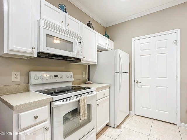 kitchen featuring light tile patterned flooring, white appliances, white cabinets, light countertops, and crown molding