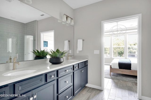 ensuite bathroom with wood finish floors, plenty of natural light, and a sink