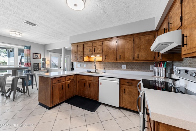 kitchen featuring white dishwasher, under cabinet range hood, a peninsula, electric range, and a sink