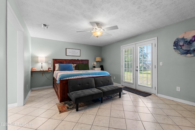 bedroom featuring ceiling fan, light tile patterned flooring, baseboards, access to outside, and french doors