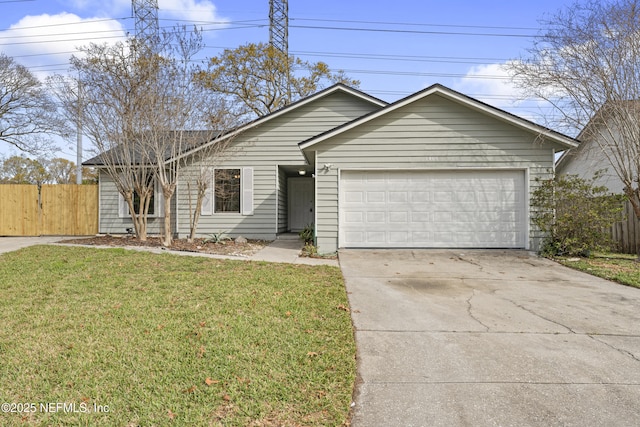 ranch-style house with a garage, driveway, a front lawn, and fence