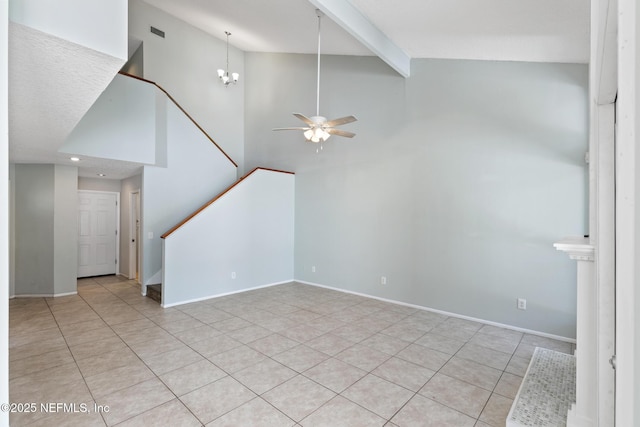 unfurnished living room featuring beam ceiling, high vaulted ceiling, ceiling fan with notable chandelier, baseboards, and stairs