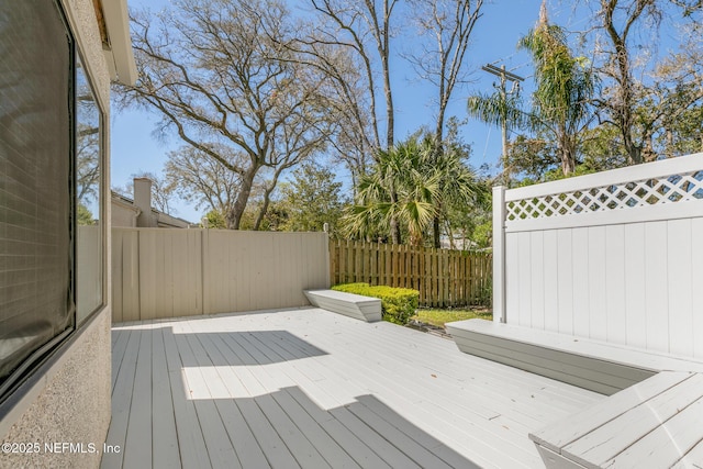 wooden terrace with a fenced backyard