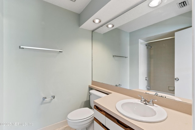 bathroom featuring visible vents, toilet, tile patterned floors, vanity, and a shower