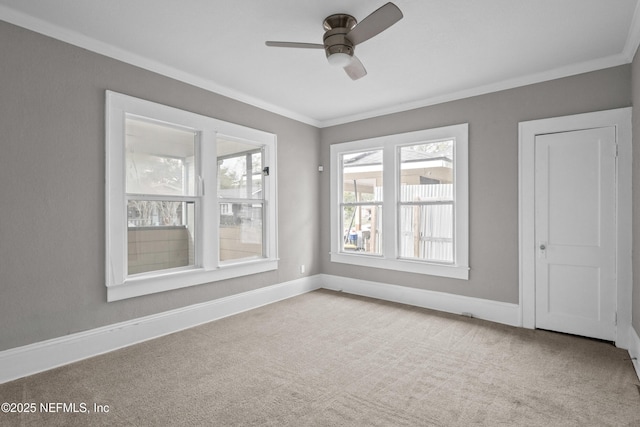 unfurnished room with carpet, ornamental molding, ceiling fan, and baseboards