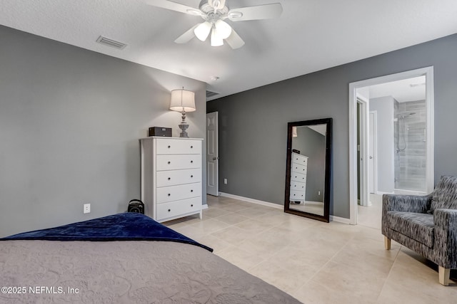 unfurnished bedroom featuring light tile patterned floors, visible vents, ceiling fan, and baseboards