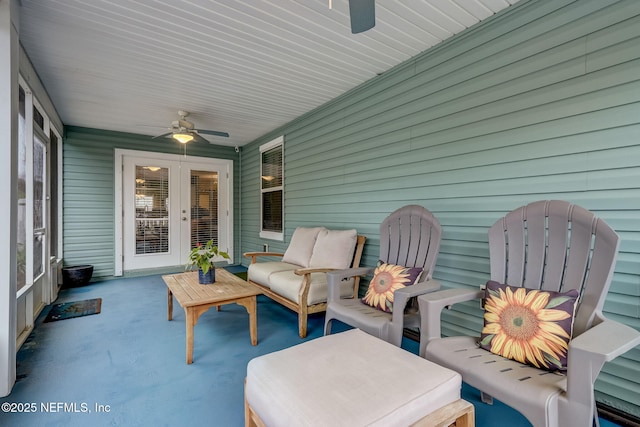 view of patio with french doors, ceiling fan, and outdoor lounge area