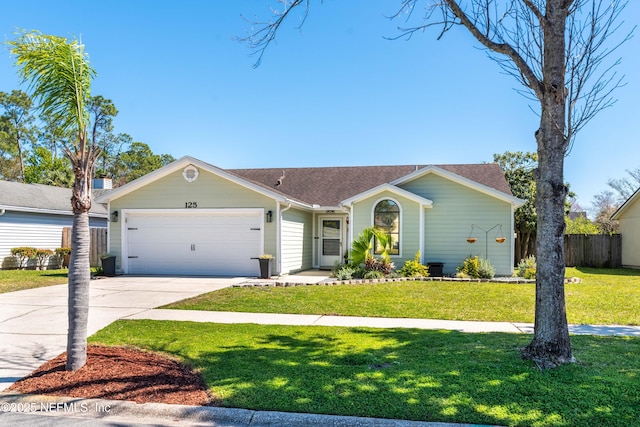 single story home featuring a shingled roof, an attached garage, fence, driveway, and a front lawn