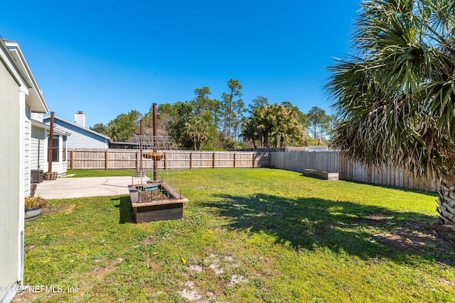 view of yard with a fenced backyard and a patio