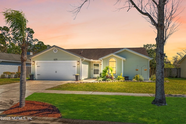 single story home featuring a garage, concrete driveway, roof with shingles, fence, and a front lawn