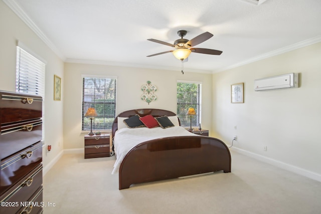 bedroom with carpet floors, multiple windows, crown molding, and a wall mounted AC