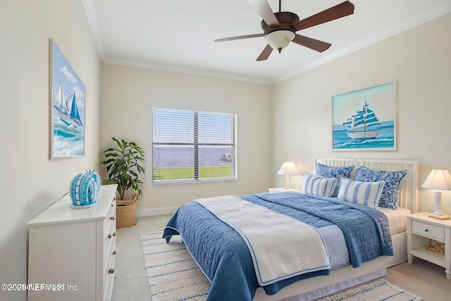 bedroom featuring light carpet, crown molding, baseboards, and ceiling fan