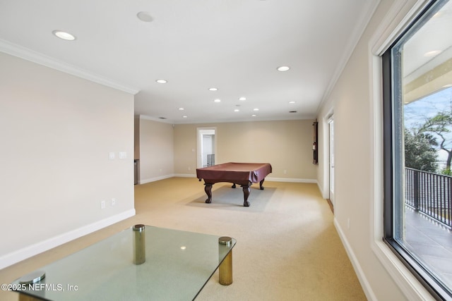 recreation room featuring billiards, baseboards, light colored carpet, crown molding, and recessed lighting