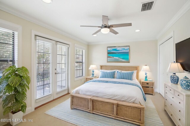 bedroom featuring access to outside, visible vents, crown molding, and recessed lighting