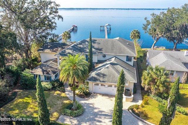 drone / aerial view with a water view