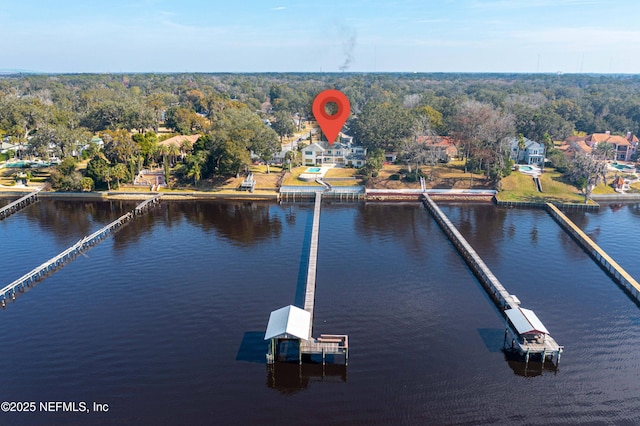 bird's eye view with a water view