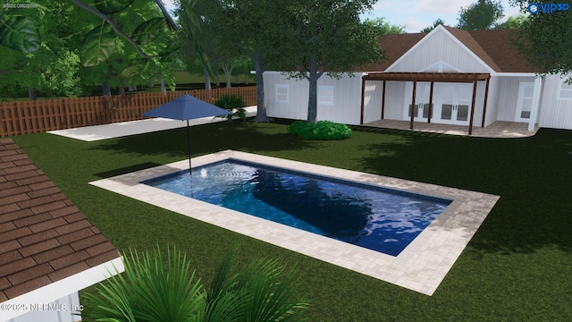 view of pool with a patio area, a fenced backyard, a fenced in pool, and a yard