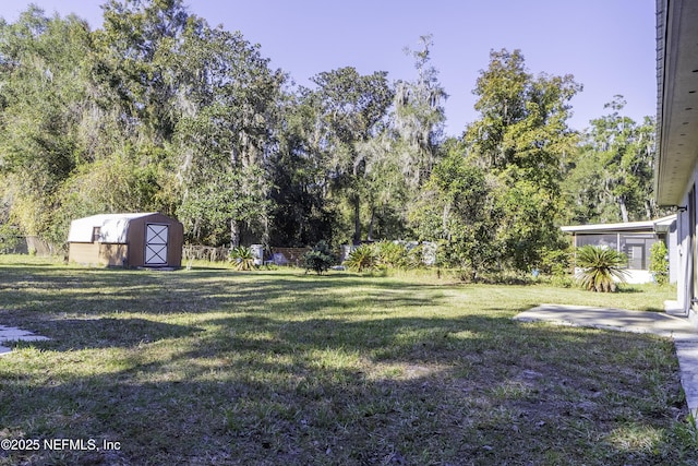 view of yard featuring an outdoor structure and a shed