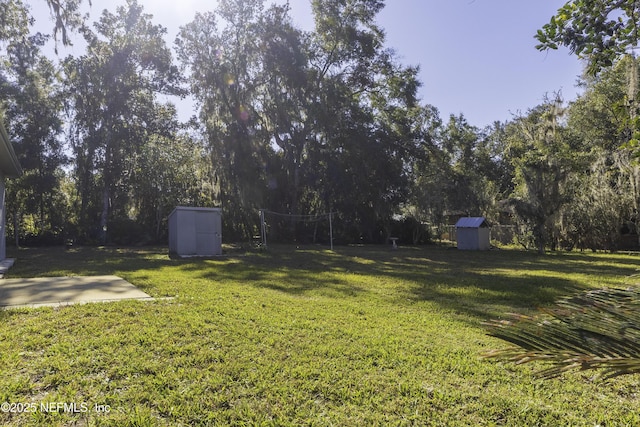 view of yard with an outbuilding and a shed