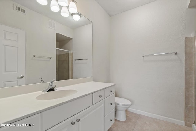 full bath with visible vents, toilet, a stall shower, vanity, and tile patterned floors