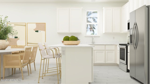 kitchen with light countertops, electric range oven, a kitchen breakfast bar, stainless steel refrigerator with ice dispenser, and white cabinetry