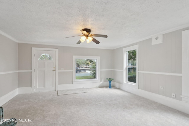 spare room featuring ornamental molding, carpet flooring, a textured ceiling, and a ceiling fan