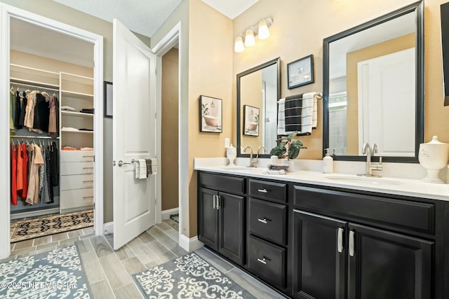 bathroom with double vanity, a walk in closet, a sink, and wood finish floors