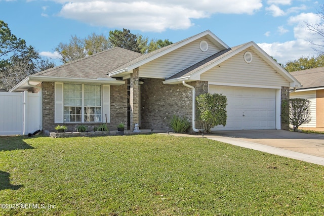 ranch-style home featuring brick siding, a front lawn, fence, driveway, and an attached garage