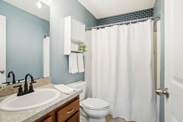 full bath featuring toilet, curtained shower, a textured ceiling, and vanity