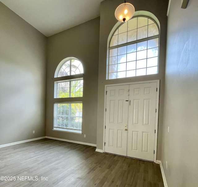 entryway with baseboards, a high ceiling, and wood finished floors